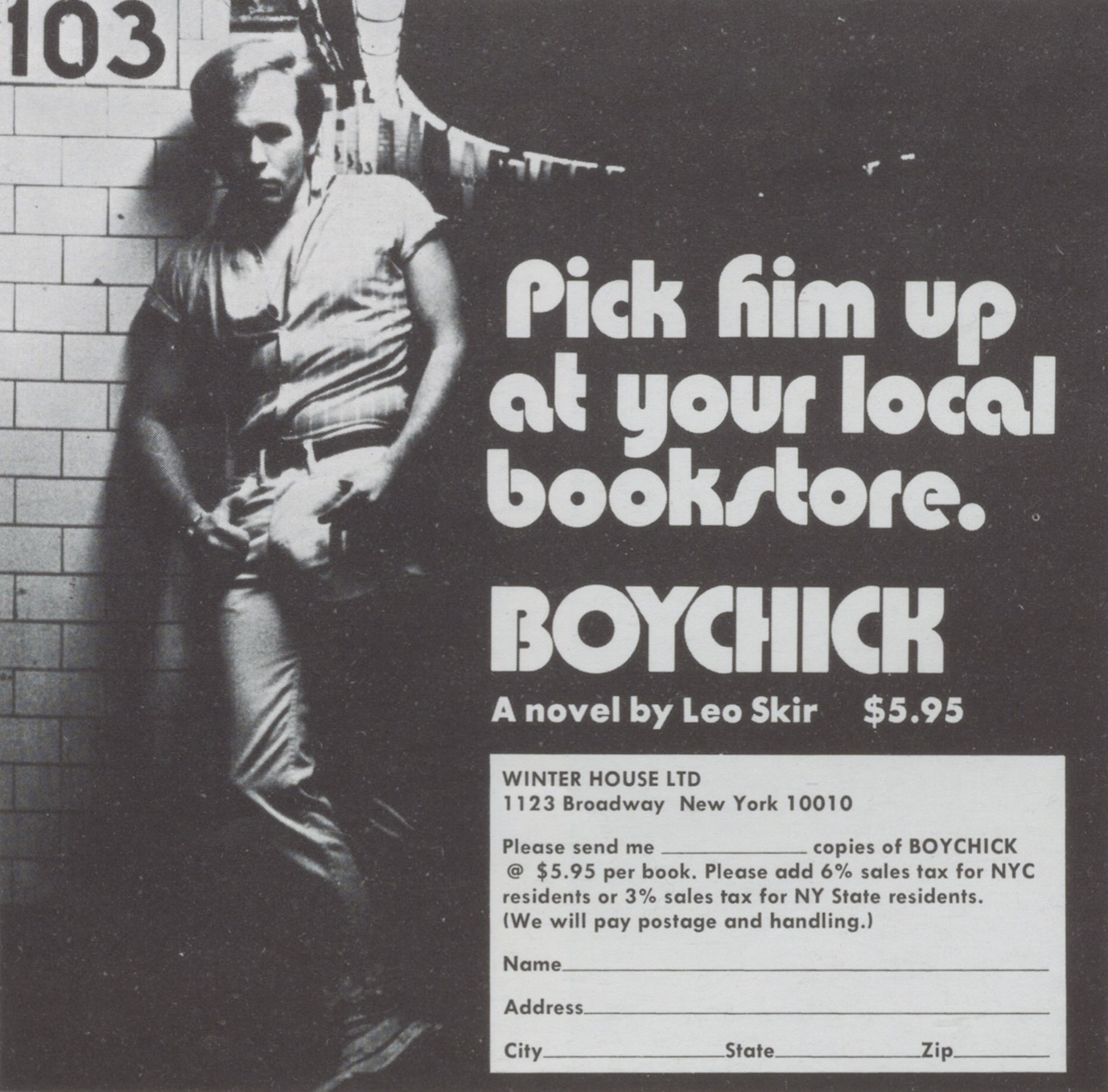 Picture of young man leaning against wall with text reading 'Pick him up at your local bookstore. / BOYCHICK / A novel by Leo Skir'
